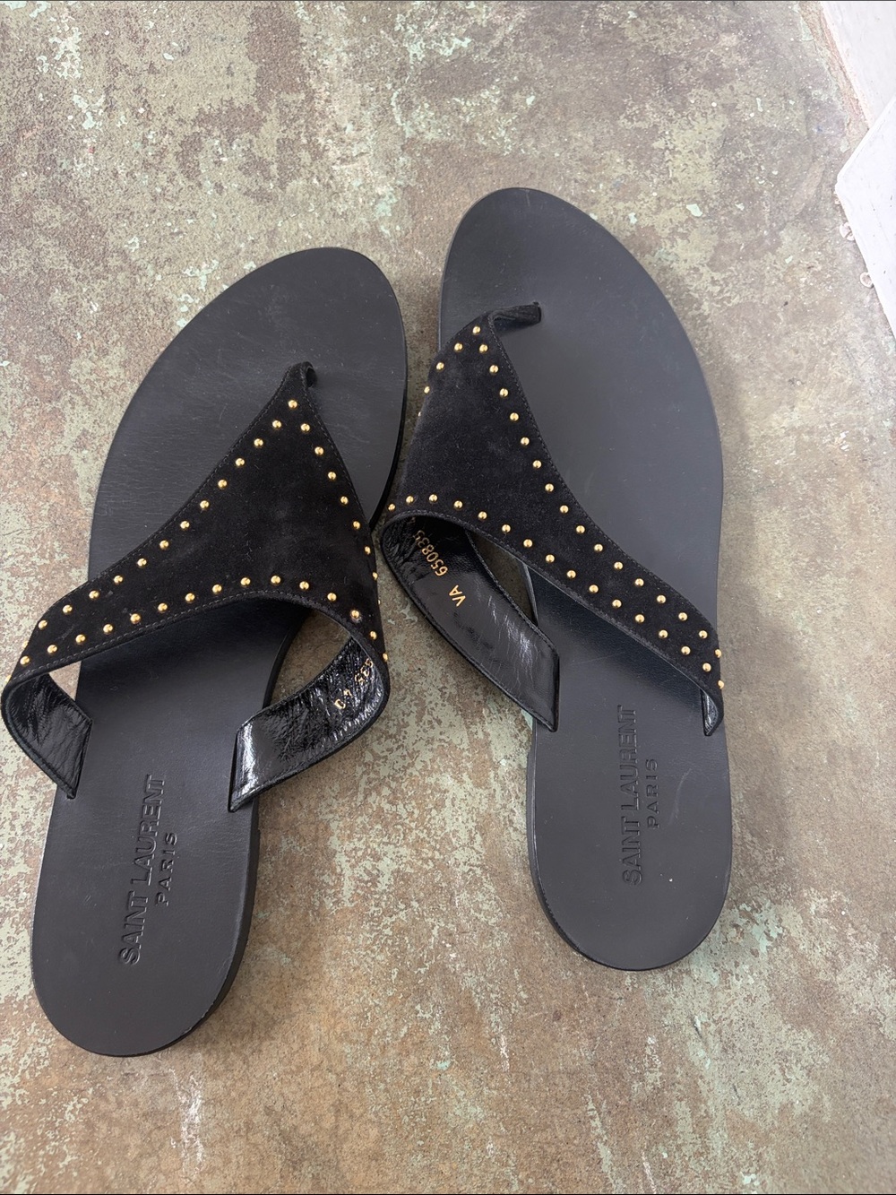 Saint Laurent Black Suede Thong Sandals with Gold Studs